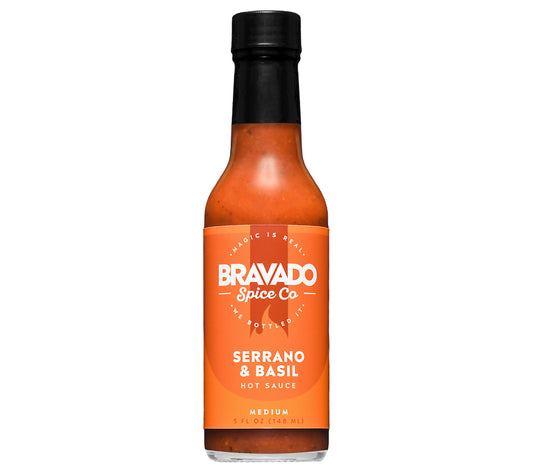 Serrano & Basil Hot Sauce von Bravado kaufen | Aromatische Hot Sauce mit Basilikum, Knoblauch und Roma Tomaten | Perfekt zu Pasta, Fleisch und Tacos | EU-weiter Versand