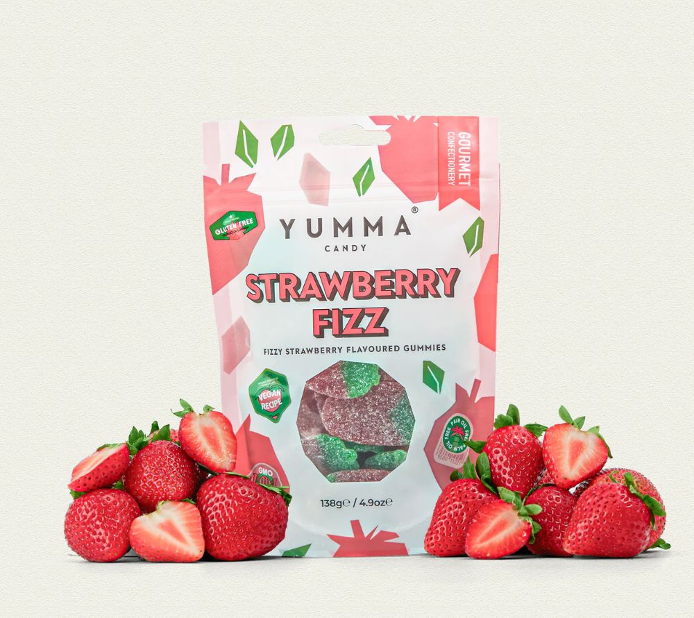 Candy-Strawberry Fizz Pouch Bag kaufen | Vegane Erdbeer-Gummibonbons | wieder verschließbarer Pouch | Perfekt zum Naschen und Teilen