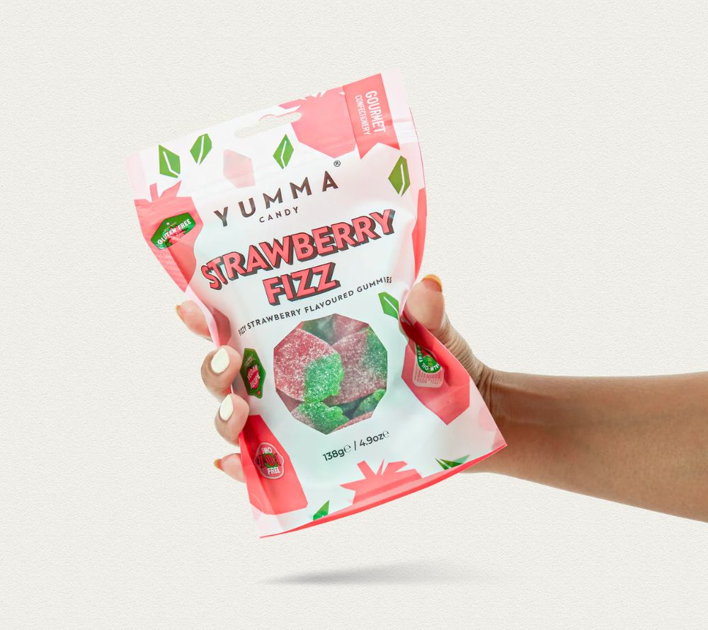 Candy-Strawberry Fizz Pouch Bag kaufen | Vegane Erdbeer-Gummibonbons | wieder verschließbarer Pouch | Perfekt zum Naschen und Teilen