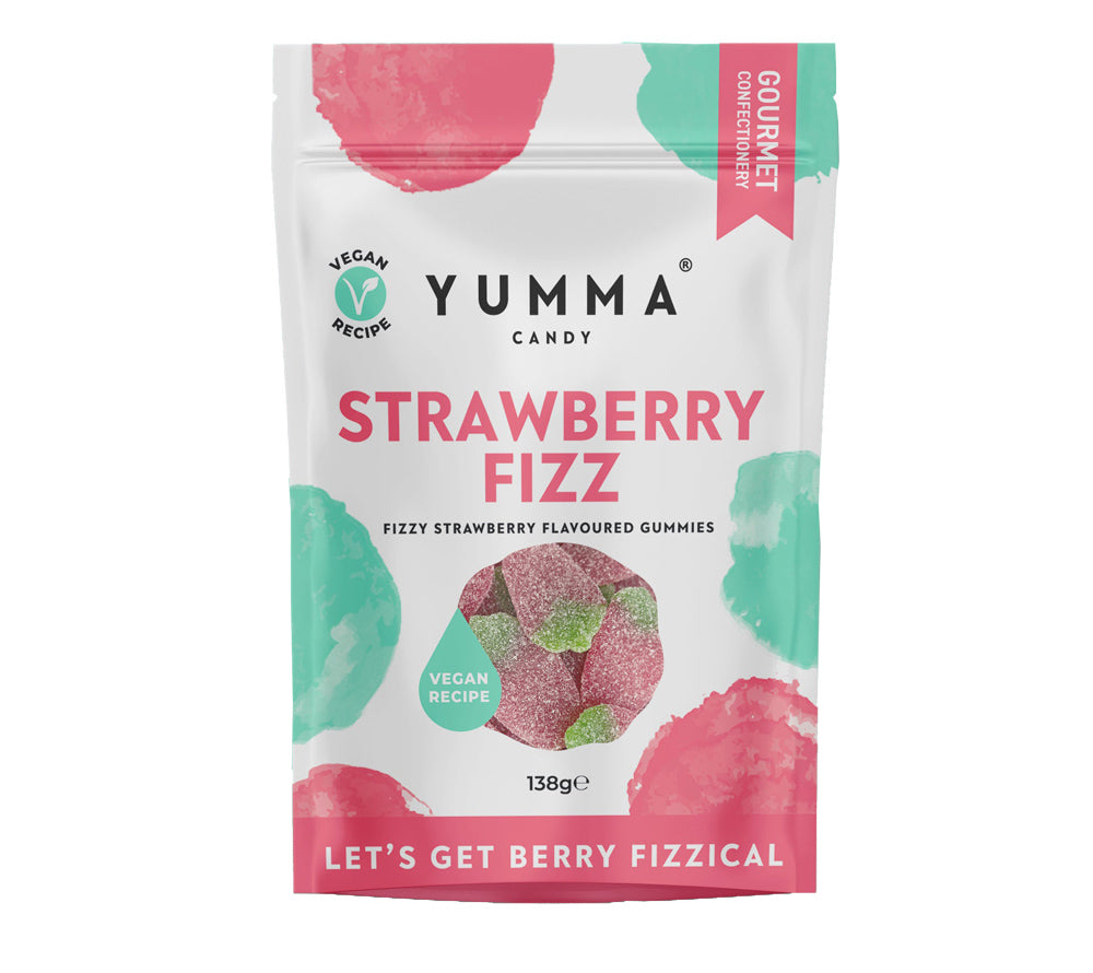 Candy-Strawberry Fizz Pouch Bag kaufen | Vegane Erdbeer-Gummibonbons | wieder verschließbarer Pouch | Perfekt zum Naschen und Teilen | EU-weiter Versand