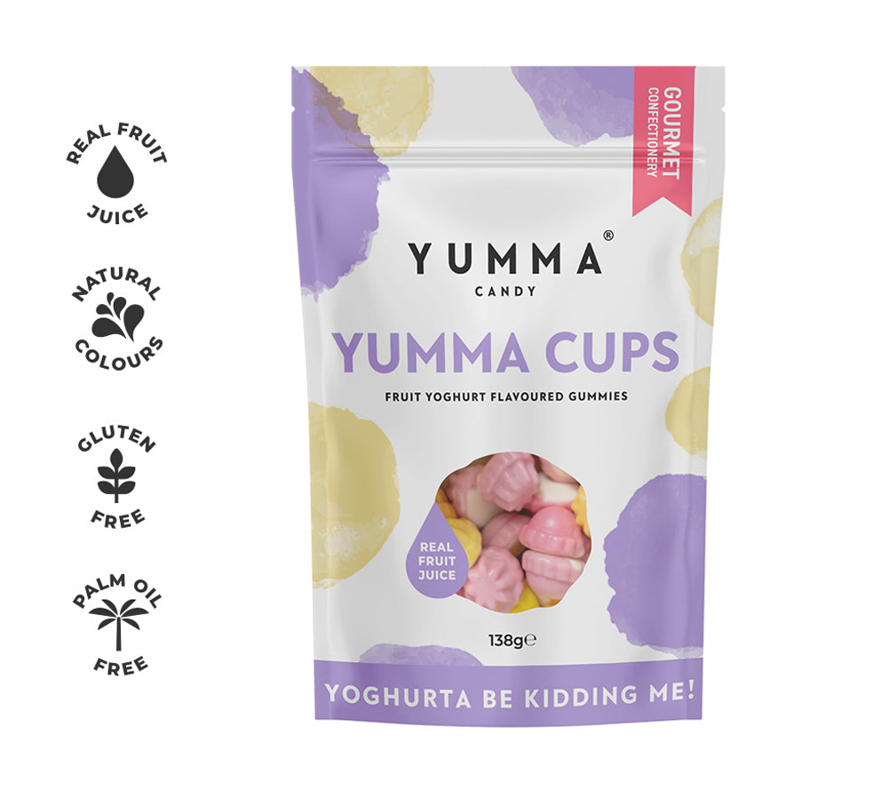 Candy-Yumma Cups Pouch Bag kaufen | Fruchtgummis mit Magermilchjoghurtpulver | wieder verschließbarer Pouch | Perfekt zum Naschen und Teilen | EU-weiter Versand