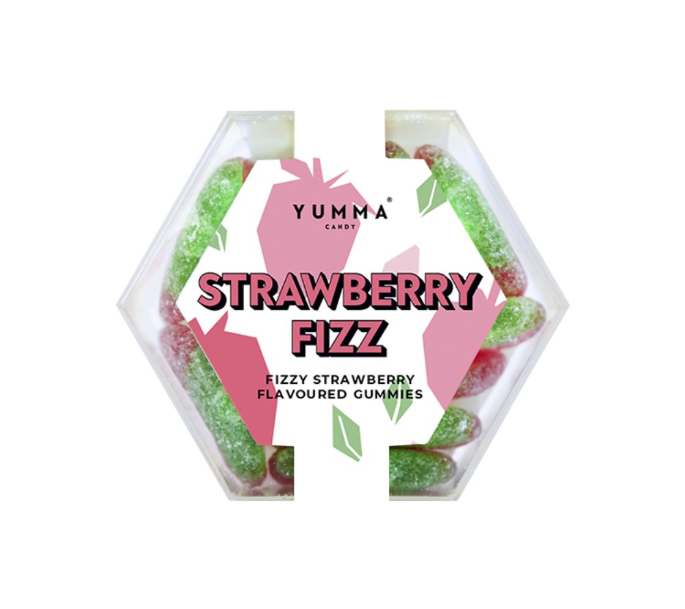 Strawberry Fizz Hexagon Box von Yumma Candy kaufen | Vegane Erdbeer-Gummibonbons | Ideal als Snack oder als wunderschönes Geschenk