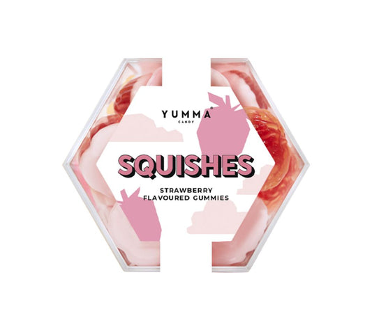 Squishes Hexagon Box von Yumma Candy kaufen | Erdbeer-Gummibonbons mit Schaumzucker und flüssigem Kern | Ideal als Snack oder Geschenk