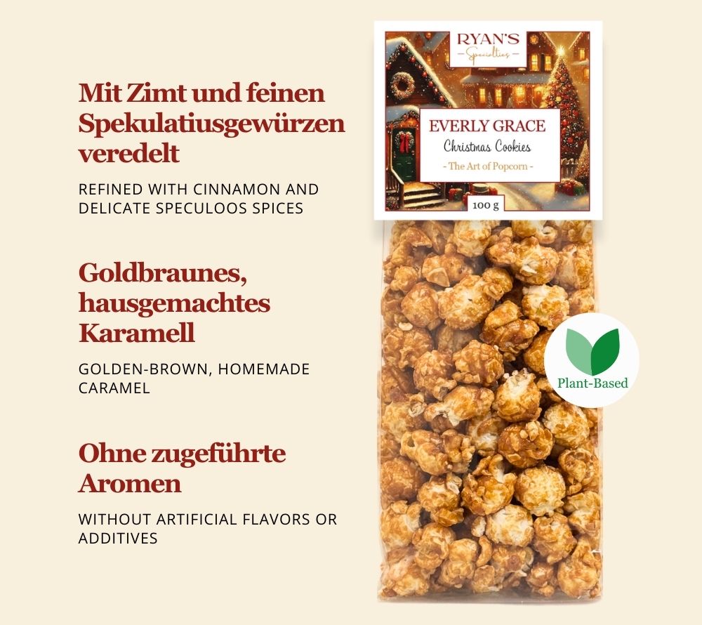 Festliches Christmas Cookies Set von Everly Grace: Bio-Rooibostee und handgemachtes Gewürzpopcorn für aromatische Genussmomente in der Adventszeit.