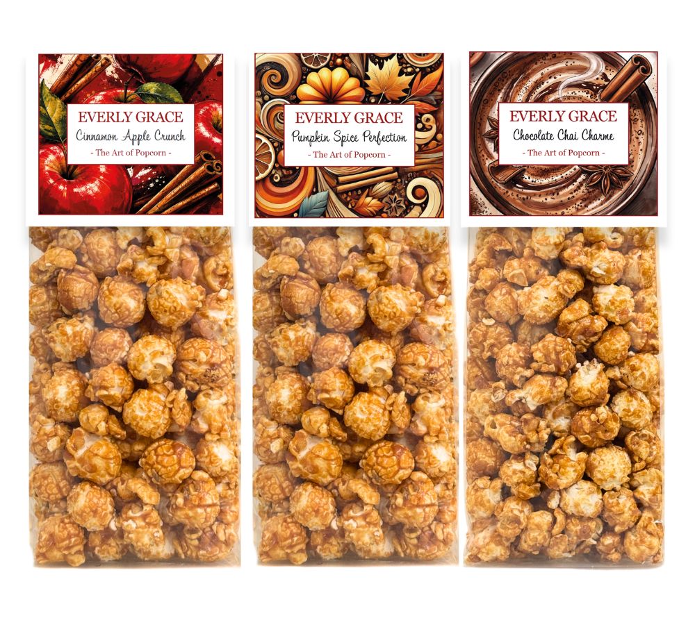 Fall Popcorn Set von Everly Grace mit drei Tüten Popcorn auf weißem Hintergrund