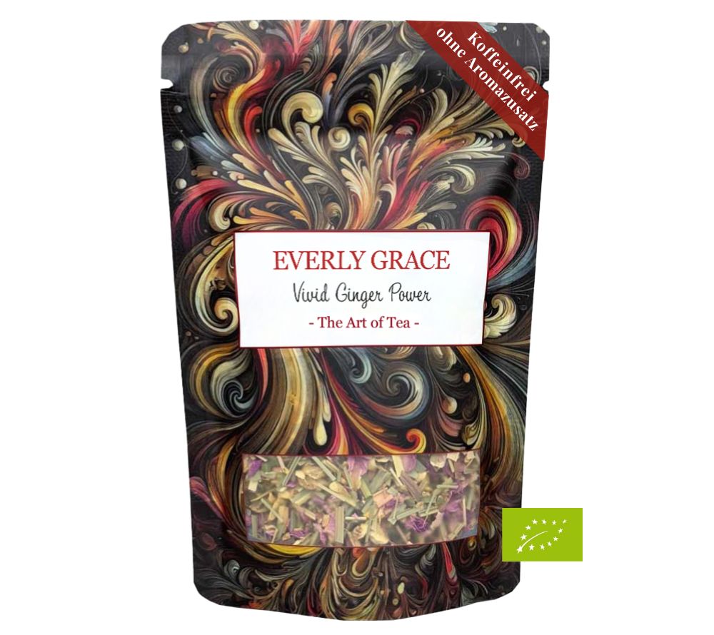 Vivid Ginger Power Tea von Everly Grace Energievolle Tee-Komposition. intensive, würzige, erfrischende Aromen hochwertige Bio-Zutaten