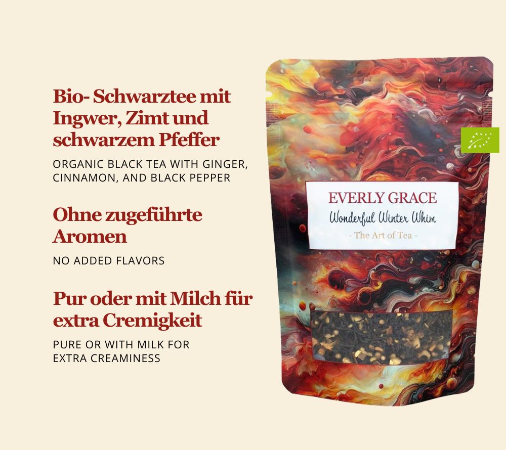 Winterliches Teeset von Everly Grace: Drei Bio-Tees mit würzigen, fruchtigen und weihnachtlichen Aromen für gemütliche Genussmomente und Geschenkideen.