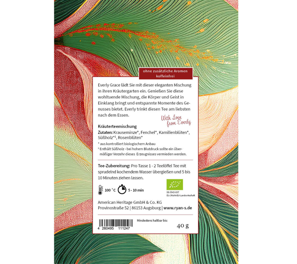 Melody of Blooming Herbs Tee von Everly Grace kaufen | Harmonie in jeder Tasse | Kräuterteemischung | 100% Bio | Fenchel, Krauseminze, Kamillenblüten, Süßholz