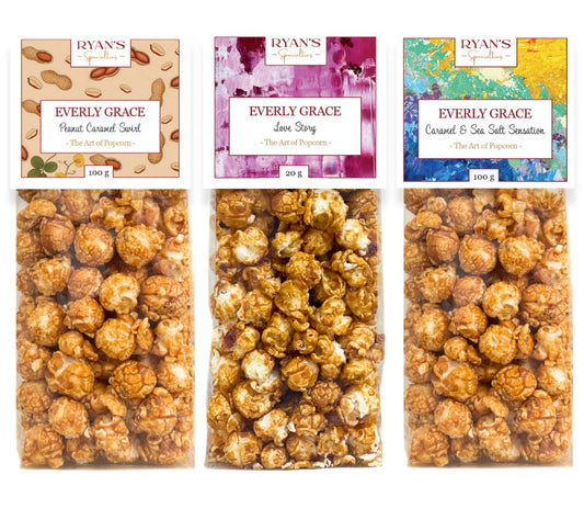 Everly Grace Popcorn - Peanut Caramel Swirl, Love Story, Caramel & Sea Salt Sensation