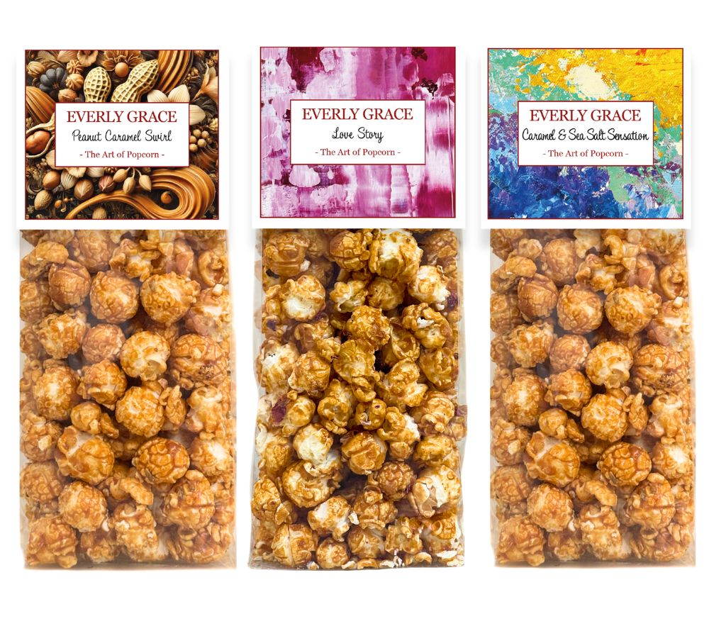Everly Grace Popcorn - Peanut Caramel Swirl, Love Story, Caramel & Sea Salt Sensation