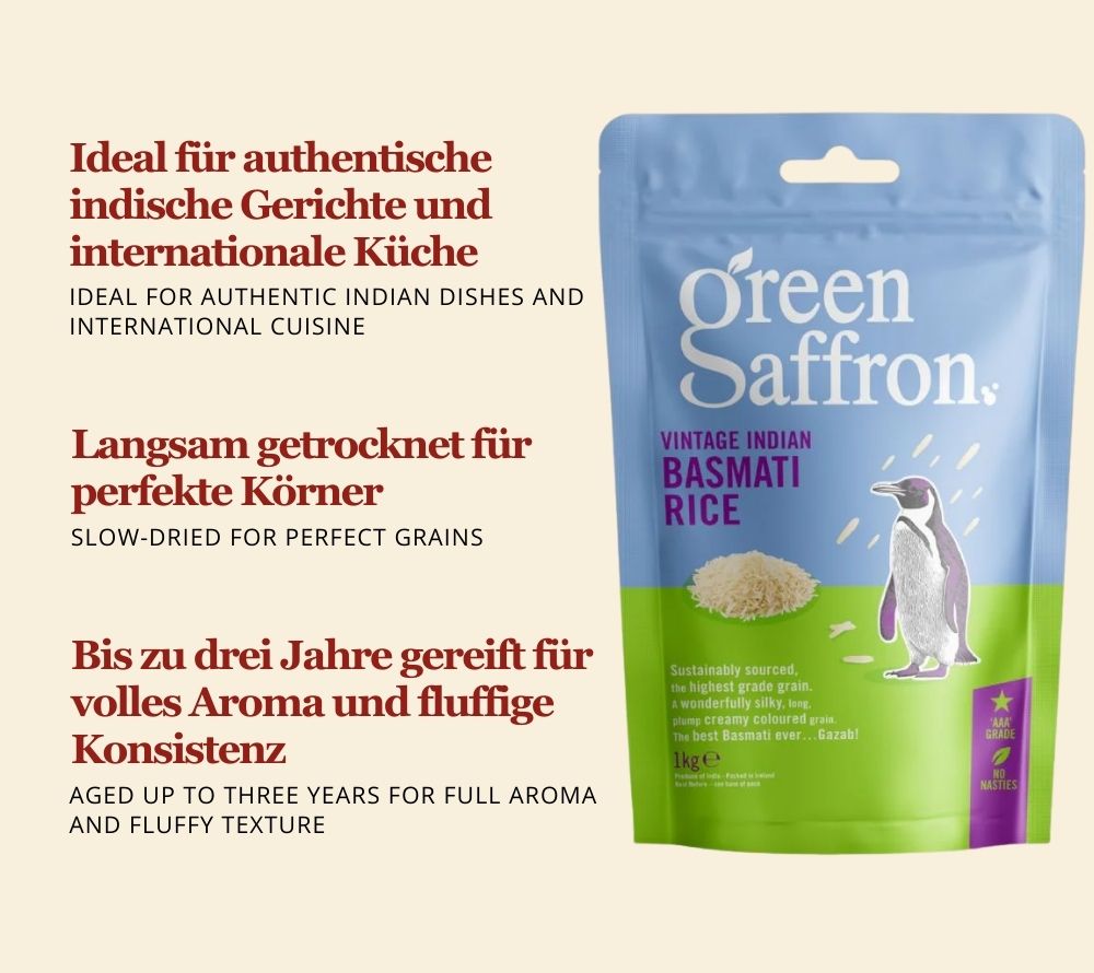 Vintage Basmati Reis von Green Saffron kaufen | 100 % reiner Basmati | zwei Jahre gereift | Premium Qualität | Europaweiter Versand | Jetzt probieren!