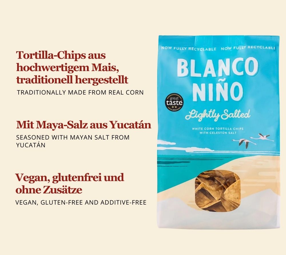 Lightly Salted Tortilla Chips von Bianco Niño kaufen | ideale Knusprigkeit | frei von künstlichen Aromen, Farb- und Konservierungsstoffe | glutenfrei & vegan | EU-weiter Versand