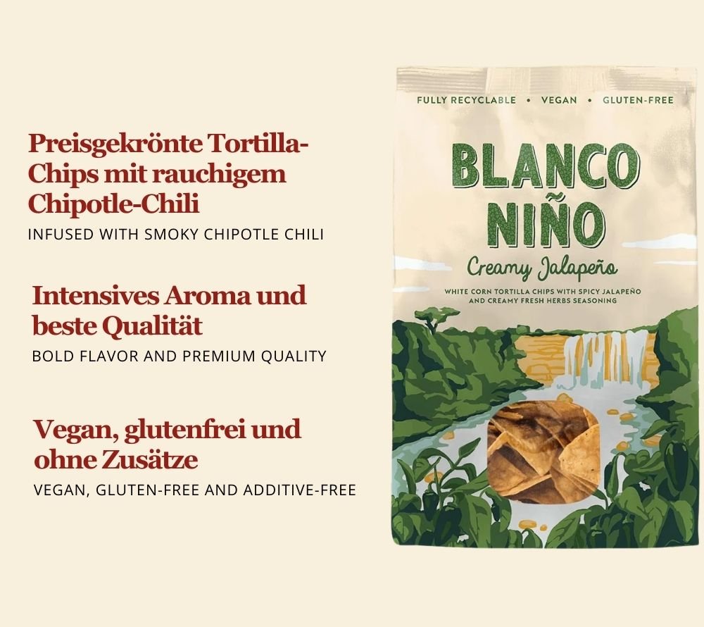 Creamy Jalapeno Tortilla Chips von Bianco Niño kaufen | ideale Knusprigkeit | frei von künstlichen Aromen, Farb- und Konservierungsstoffen | glutenfrei & vegan | EU-weiter Versand