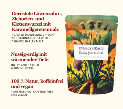 Geröstete Löwenzahn-, Zichorien-, und Klettenwurzel mit Karamellgerstenmalz | Kaffee-Alternative | 100 % Natur, koffeinfrei & vegan | Jetzt bestellen & genießen!