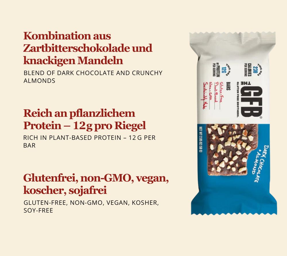 Dark Chocolate Almond Bar online bestellen – knackige Mandeln & Zartbitterschokolade, vegan, glutenfrei & proteinreich bei Ryan’s Specialties genießen.