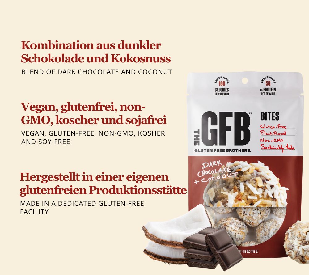 Dark Chocolate Coconut Bites online kaufen – zartbittere Schokolade trifft Kokos, vegan, glutenfrei & proteinreich bei Ryan’s Specialties.