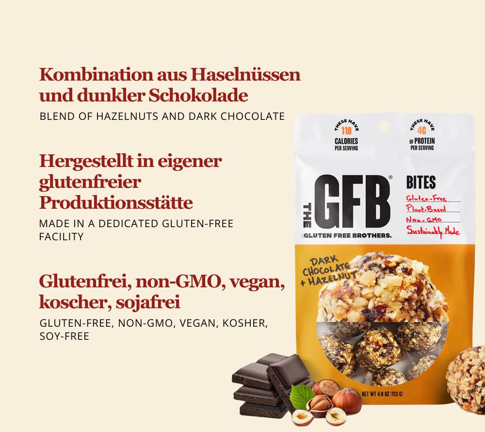 Dark Chocolate Hazelnut Bites kaufen – Nüsse & Schokolade in proteinreichem, veganem Snack. Glutenfrei & köstlich bei Ryan’s Specialties.