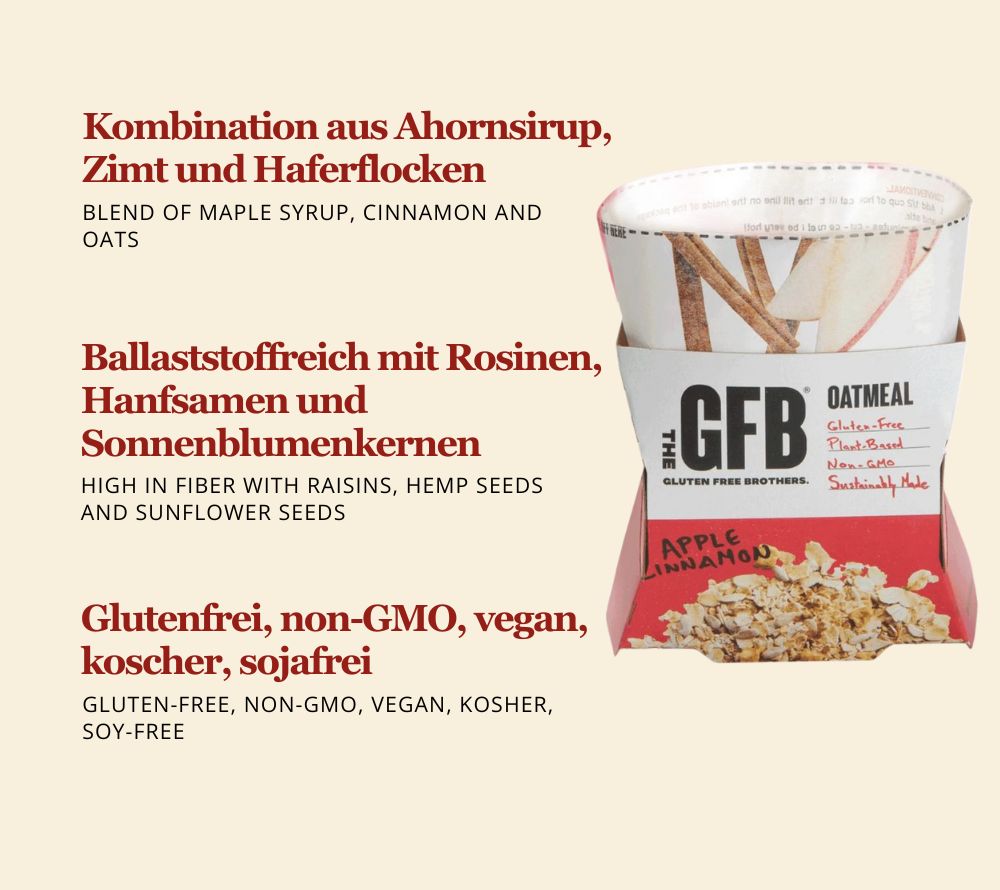 Apple Cinnamon Oatmeal kaufen – veganes Haferfrühstück mit Apfel & Zimt, proteinreich & glutenfrei. Perfekt für den Tagesstart.
