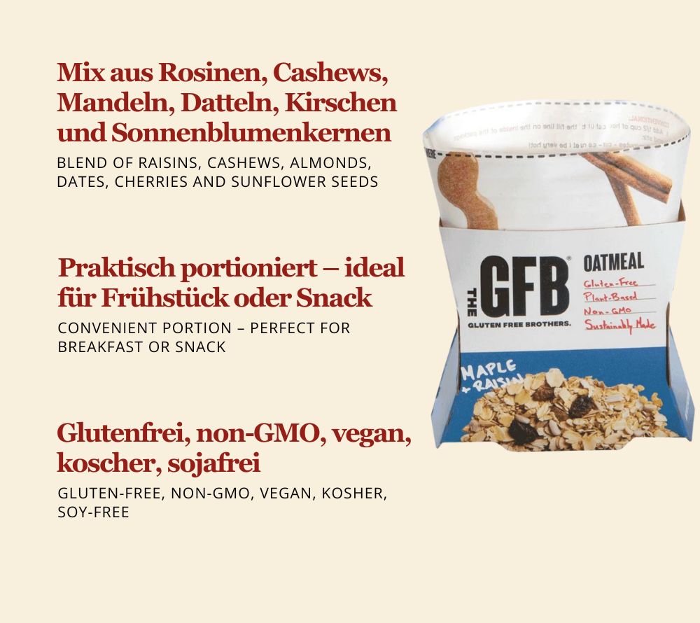Maple Raisin Oatmeal online bestellen – süßes, proteinreiches Haferfrühstück mit Ahorn & Rosinen. Vegan & glutenfrei bei Ryan’s Specialties.