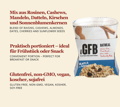 Maple Raisin Oatmeal online bestellen – süßes, proteinreiches Haferfrühstück mit Ahorn & Rosinen. Vegan & glutenfrei bei Ryan’s Specialties.