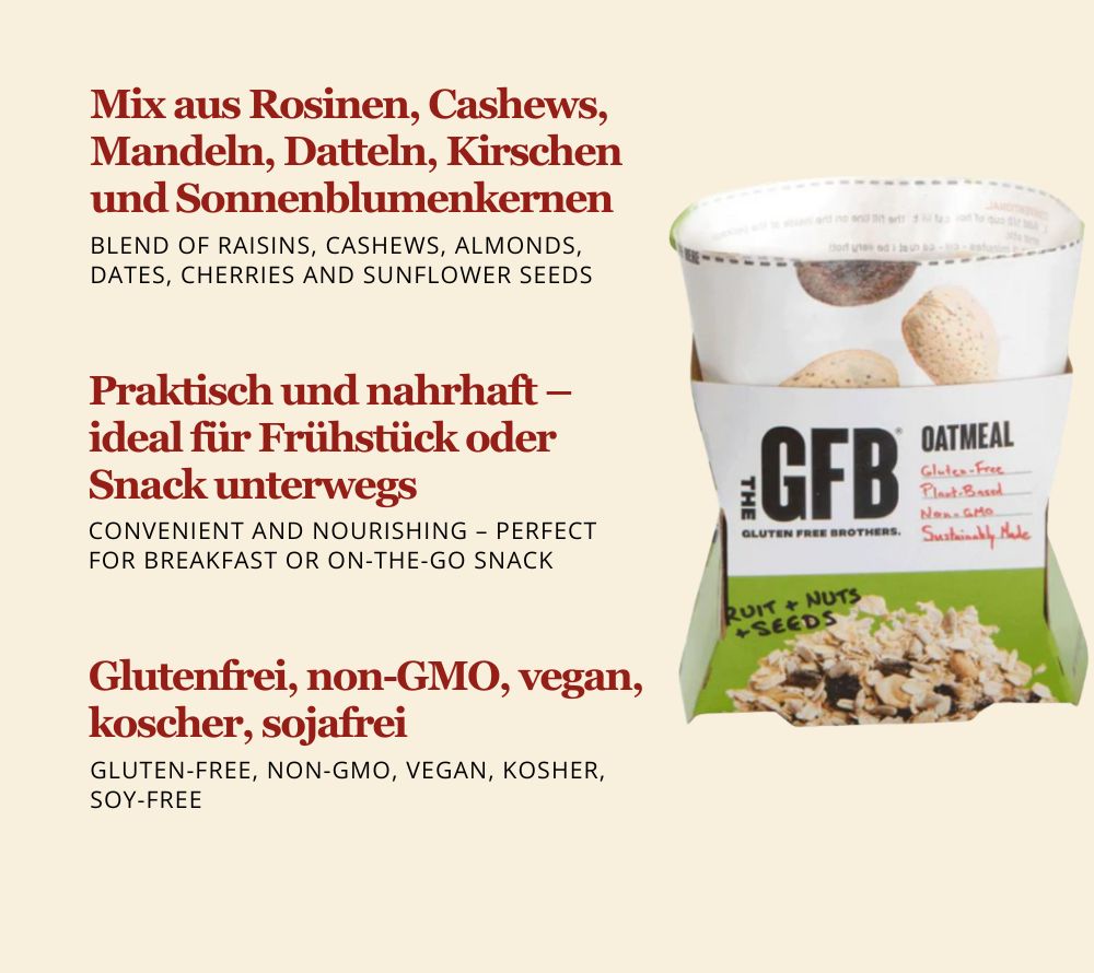 Fruit, Nuts & Seeds Oatmeal online bestellen – proteinreiches, veganes Haferfrühstück mit Früchten & Nüssen. Jetzt bei Ryan’s Specialties.