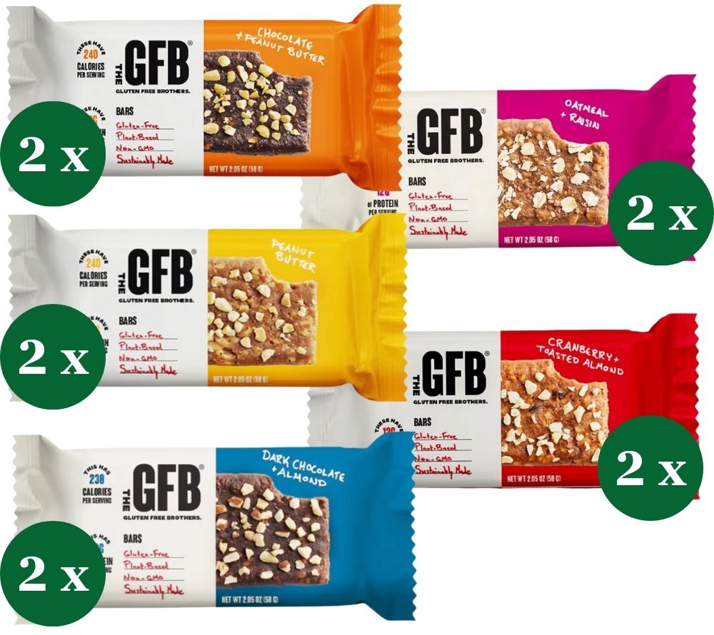 Abwechslungsreiches GFB Variety Pack mit 10 Riegeln in fünf Sorten. Natürliche Zutaten, proteinreich und ideal für unterwegs, Büro oder Sport.