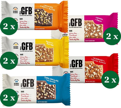 Abwechslungsreiches GFB Variety Pack mit 10 Riegeln in fünf Sorten. Natürliche Zutaten, proteinreich und ideal für unterwegs, Büro oder Sport.