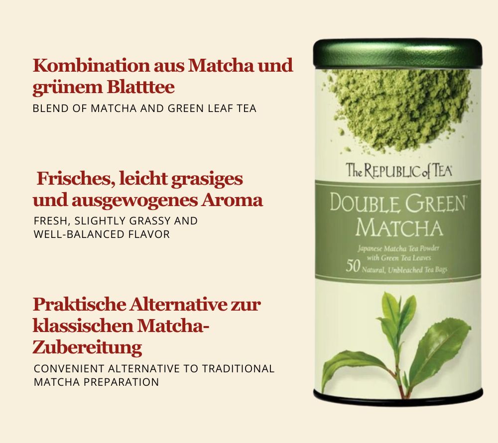 Double Green Matcha Tea von The Republic of Tea: Grüntee mit Matcha, mild & frisch. 50 Beutel – ideal heiß oder als Eistee. Jetzt kaufen!