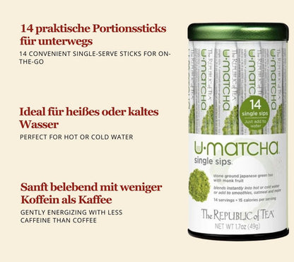 Die Matcha Single Sips® verbinden Qualität, Komfort & Geschmack zu einem zeitgemäßen Tee-Erlebnis. Ideal für alle, die Matcha unkompliziert genießen möchten.