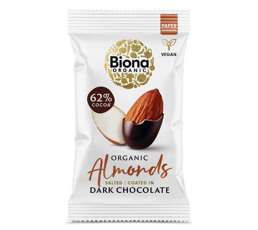 Biona Organic Dark Chocolate Coated Almonds bei Ryan's Specialties kaufen – Bio, Fairtrade, knusprig & schokoladig für Snack, Dessert oder Kaffee.