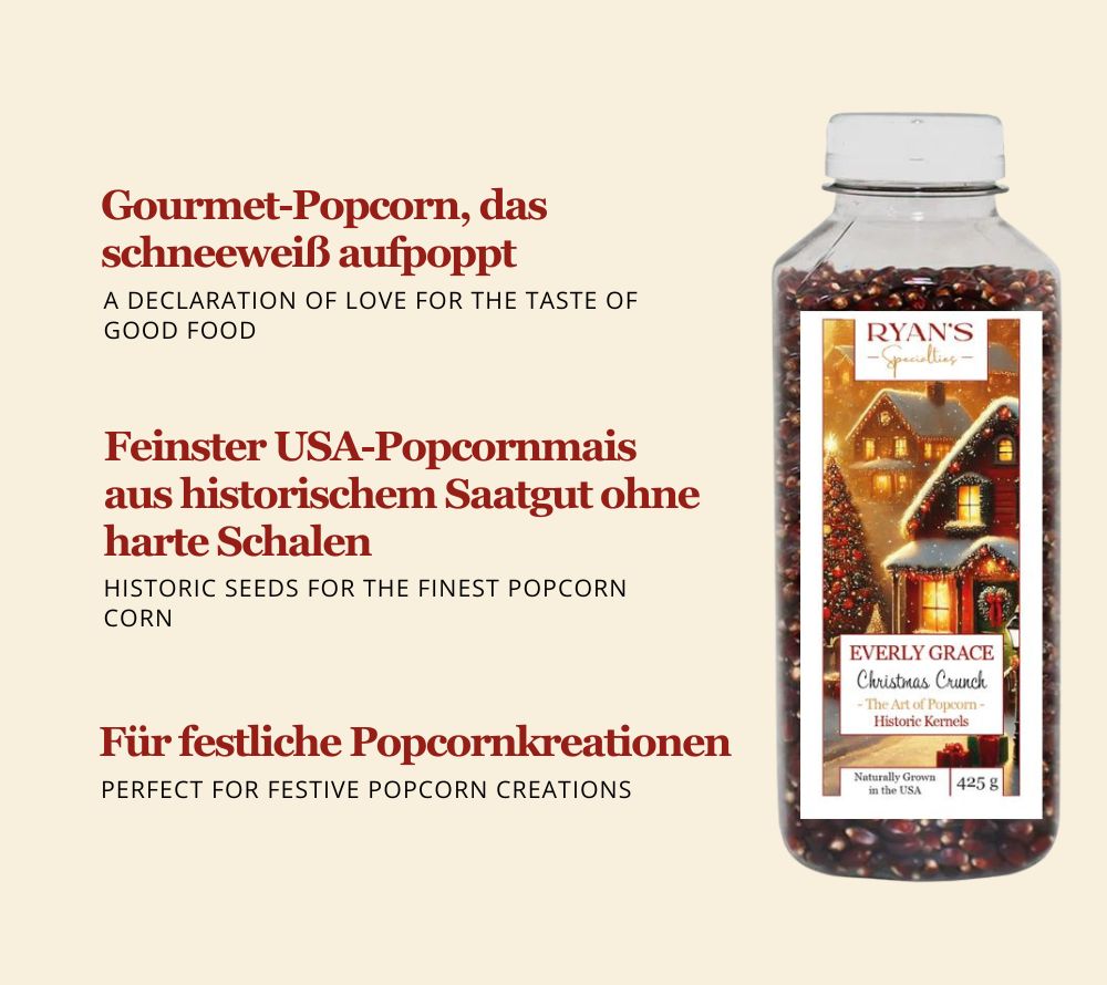 Everly Grace Christmas Crunch Popcornkörner kaufen bei Ryan’s Specialties: Gourmet-Mais für festliche, knusprige Popcornkreationen – perfekt für Weihnachten.