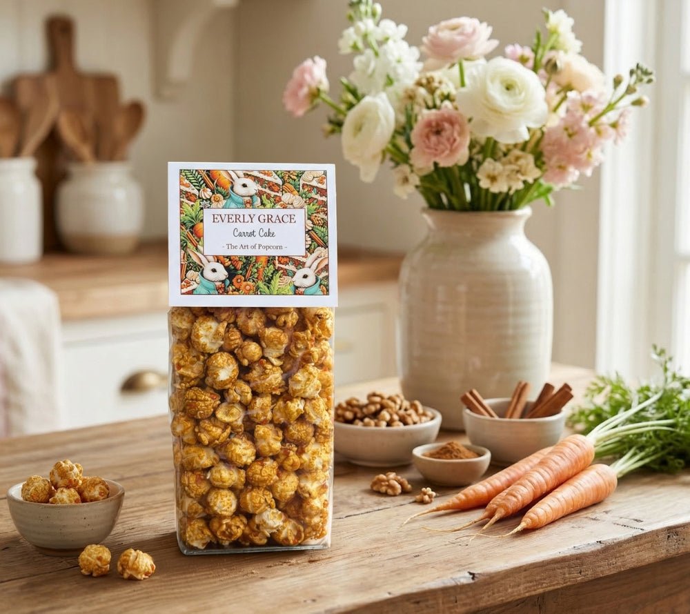 Everly Grace Carrot Cake Popcorn – handgefertigtes Gourmet-Popcorn mit Karotten, Walnüssen, Zimt und Muskat, inspiriert vom klassischen Karottenkuchen