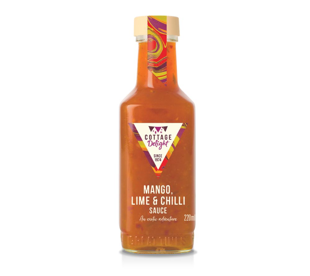 Flasche Mango, Lime & Chilli Sauce von Cottage Delight mit fruchtiger Mango, Limette und milder Schärfe, ideal für Wokgerichte, Dips und Marinaden.