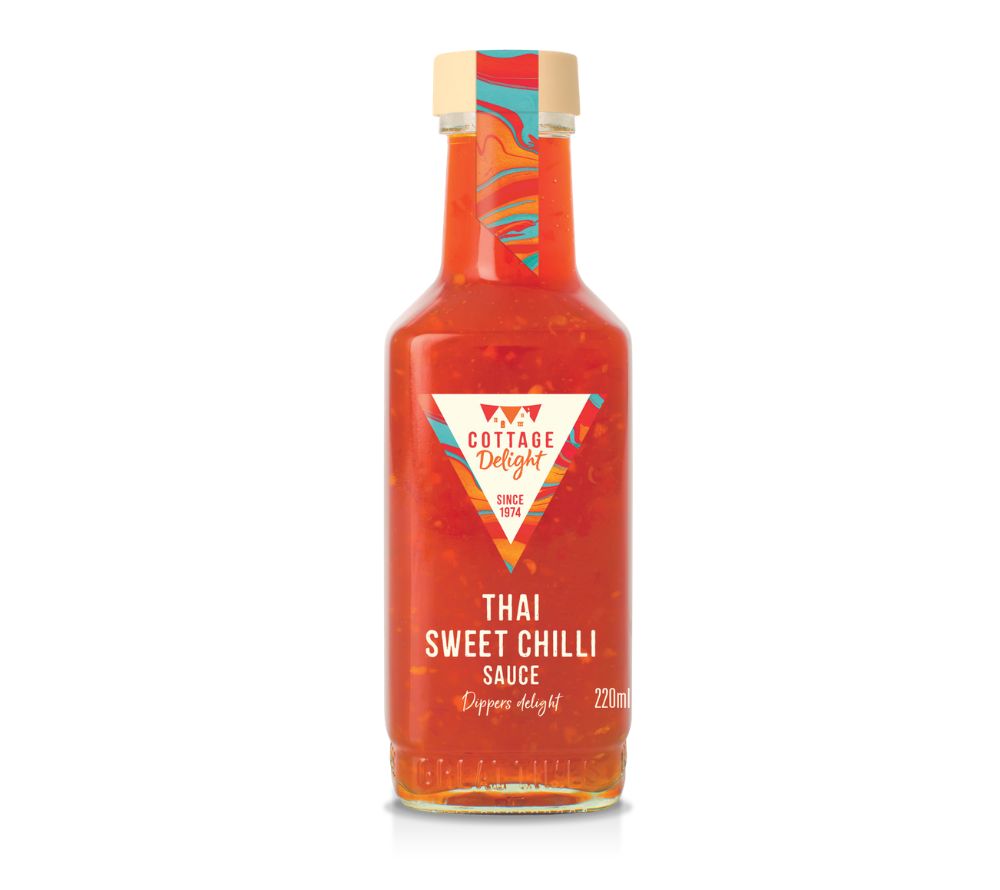 Flasche Thai Sweet Chilli Sauce von Cottage Delight mit süß-würzigem Geschmack aus Chili, Knoblauch und Limette, ideal für Dips, Bowls und asiatische Gerichte
