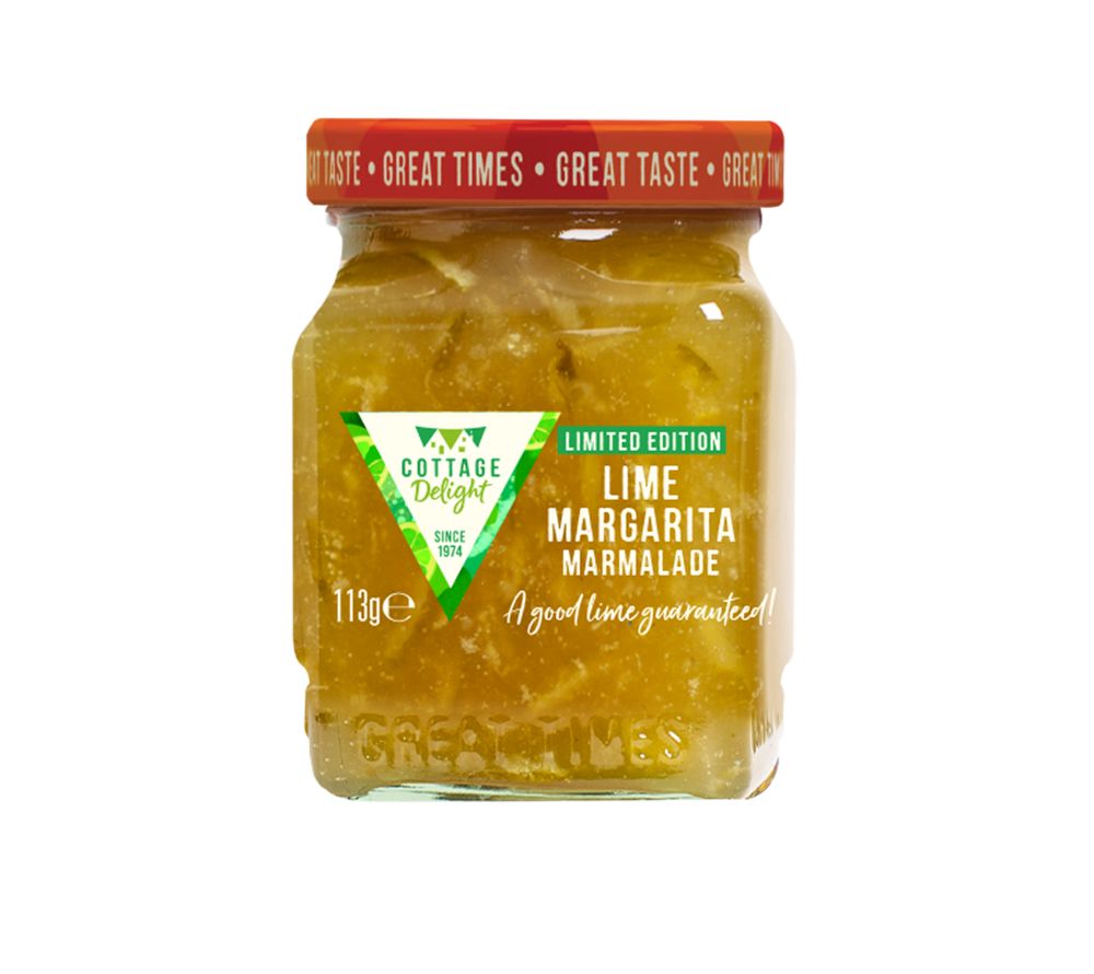 Glas Lime Margarita Marmelade von Cottage Delight mit frischer Limettennote, ideal für Brot, Croissants, Desserts und sommerliche Rezepte.