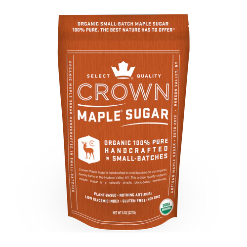 Crown Maple Maple Sugar aus 100 % Bio-Ahornsirup: feiner Ahornzucker mit karamelliger Note zum Süßen, Backen und Verfeinern von Speisen.