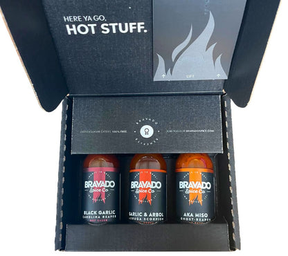 Super Hot Sauce Set von Bravado kaufen | 3 super scharfe Hot Sauces aus dem Sortiment von Bravado Spice Co. | Ideal als Geschenk