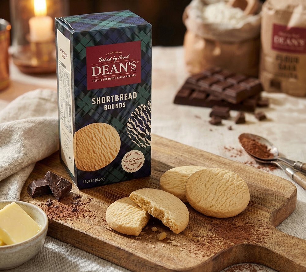 Glamouröses Produktbild der Dean's Hand Baked Shortbread Rounds: Grüne Dose mit geöffneter Verpackung auf rustikalem Schneidebrett, mehrere butterige Shortbread‑Kekse (rund, wellig gemustert), Schokoladenstücke, Mehlbeutel, Kakaopulver mit Löffel, Kupferkerzen und Butterportion daneben, warmer Kerzenschein auf weißem Tuch.