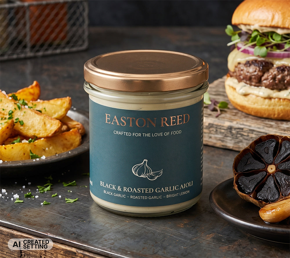 Cremige Black & Roasted Garlic Aioli mit schwarzem und geröstetem Knoblauch sowie Zitrone – perfekt als Dip zu Pommes, Burgern, Grillgerichten und mehr