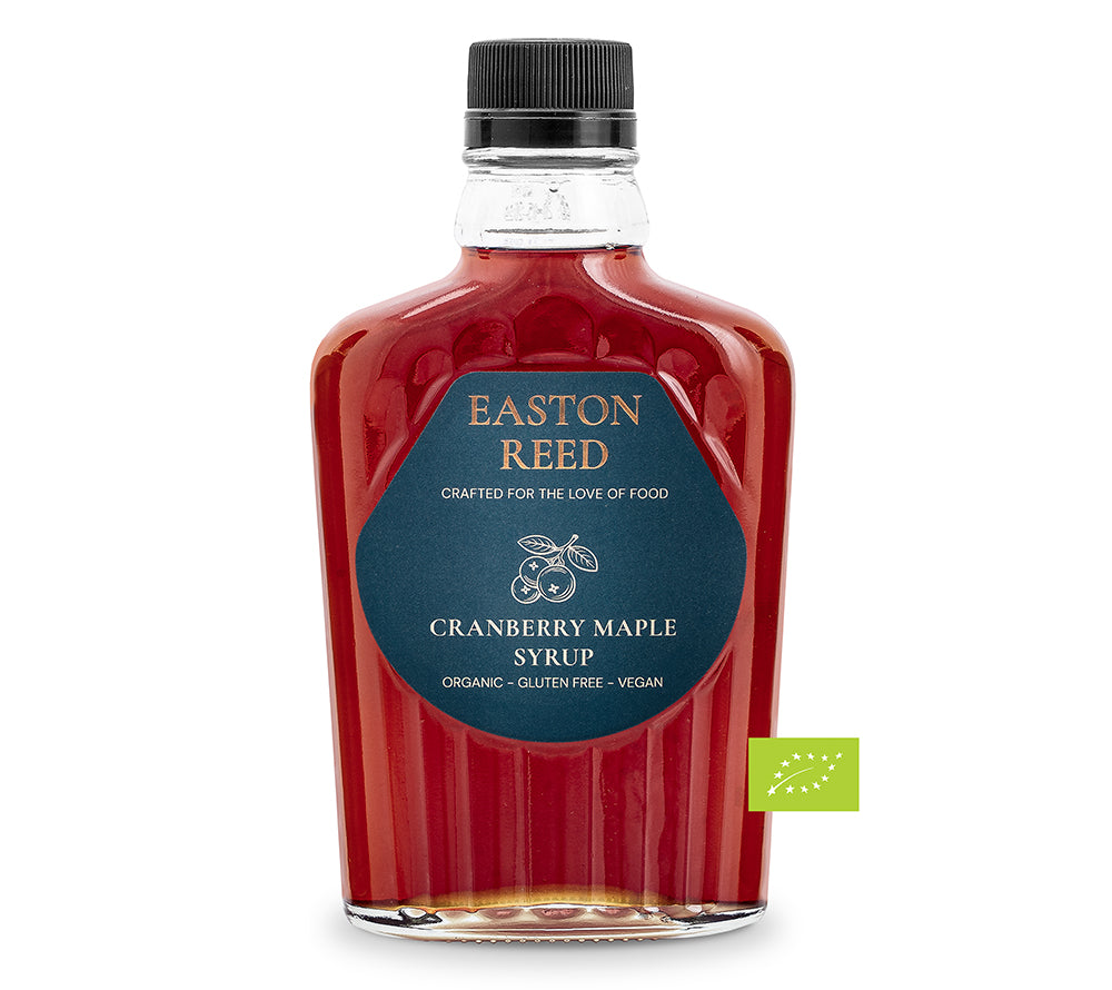 Bio-Cranberry Syrup von Easton Reed – feiner Ahornsirup veredelt mit Cranberries für Pancakes, Desserts, Drinks und kreative Gourmet-Rezepte.