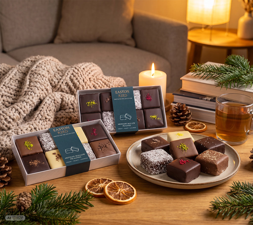 Mallow Pralines von Easton Reed auf einem gemütlich, weihnachtlich dekoriertem Tisch. Mallow Pralinen auf einem Teller mit einer Tasse Tee daneben