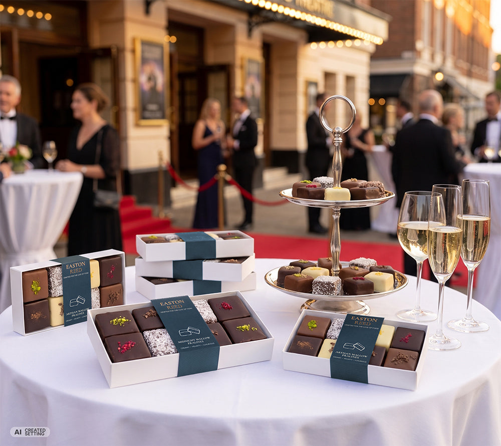 Easton Reed Mallow Pralines auf einer Etagere auf einem Event mit rotem Teppich