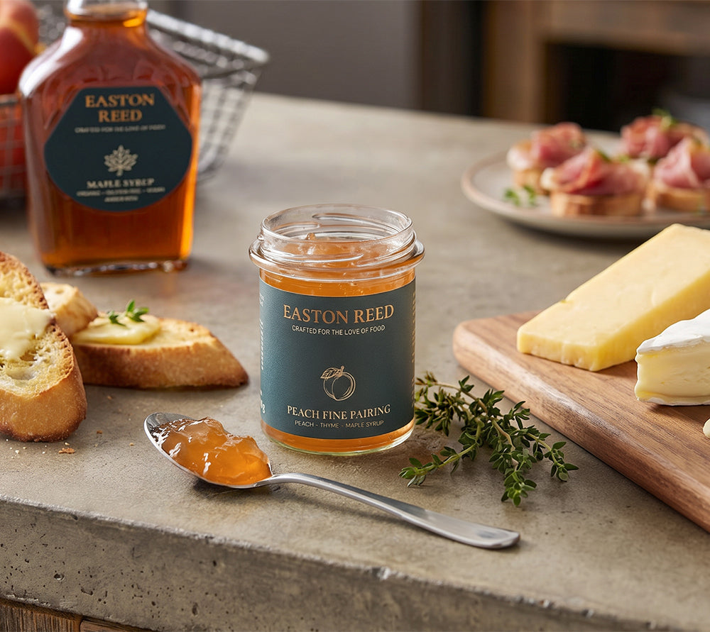 Peach Fine Pairing Chutney mit Pfirsichen, Thymian und Ahornsirup als fruchtig-süße Gourmet-Komposition