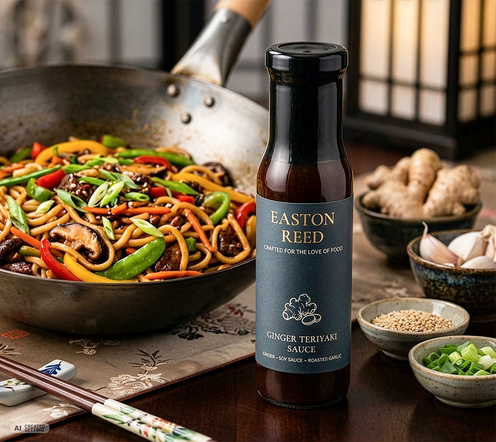 Easton Reed Ginger Teriyaki Sauce mit gebratenem Lachs, Pak Choi, Paprika und Zitronenscheiben