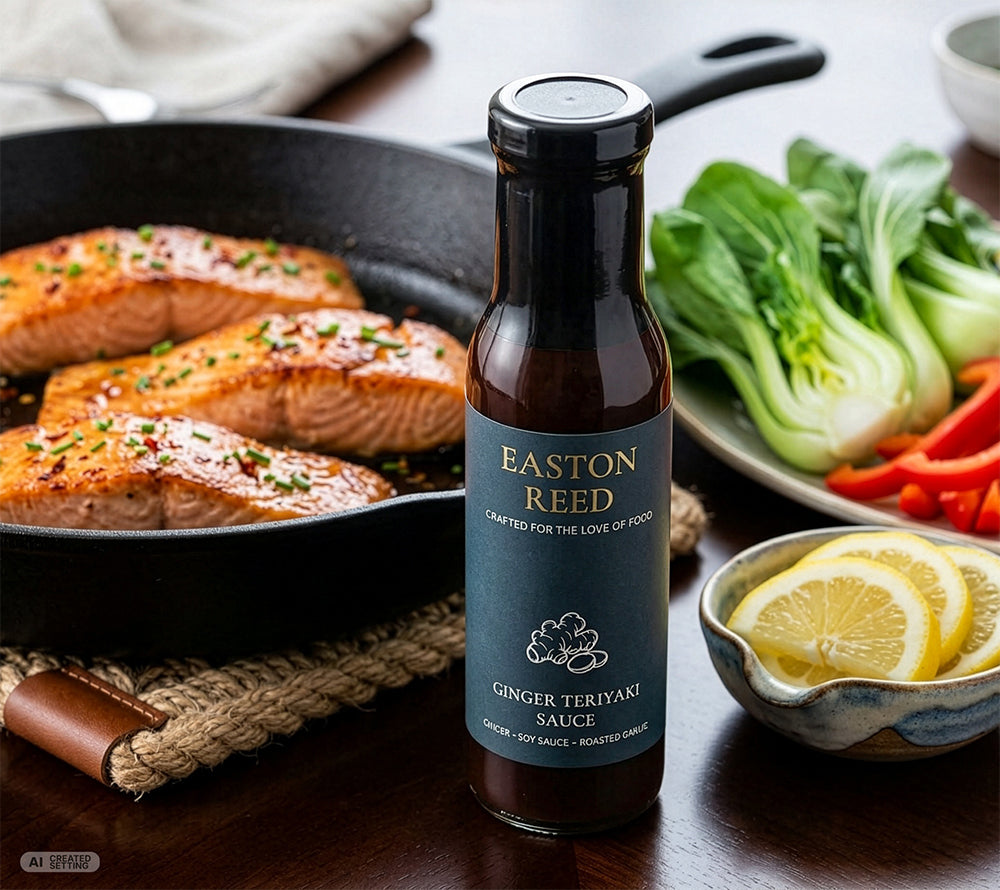 Easton Reed Ginger Teriyaki Sauce zu asiatischen Udon-Nudeln mit Gemüse, Ingwer und Frühlingszwiebeln