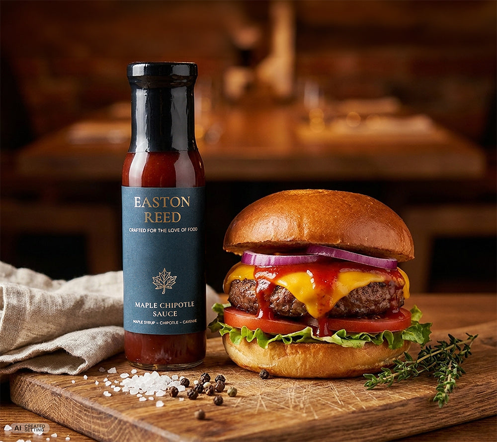 Saftiger Burger mit der Maple Chipotle Sauce von Easton Reed - mit Ahornsirup, Chipotle und Cayenne