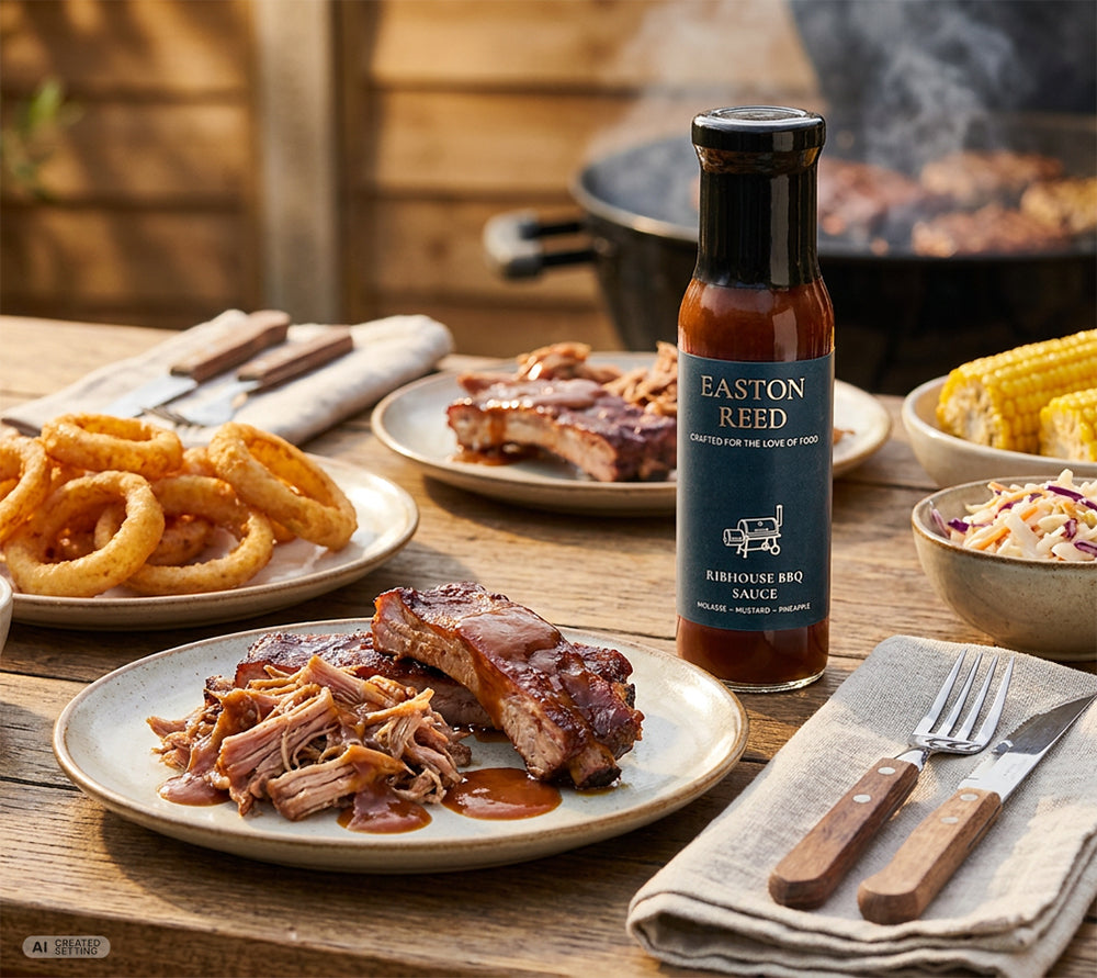 Ribhouse BBQ Sauce von Easton Reed zu zarten Rippchen, Zwiebelringen und mehr.
