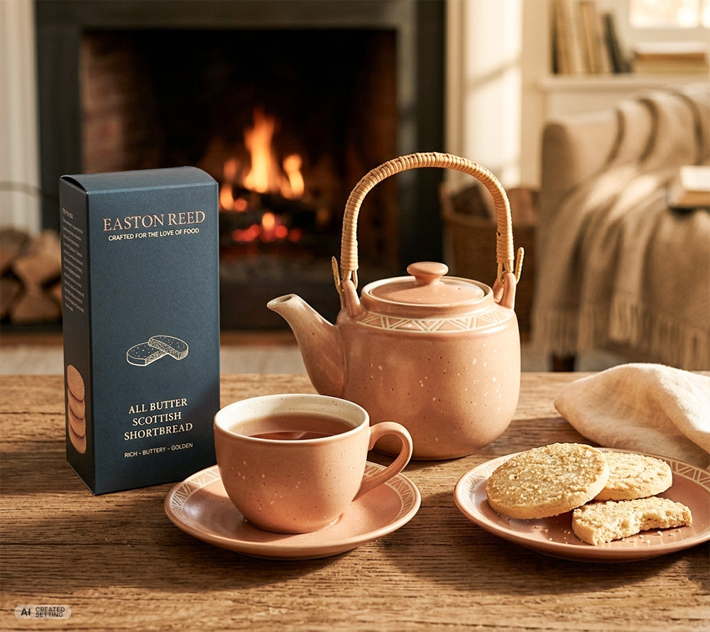 Schottisches All Butter Shortbread von Easton Reed mit 30 % Butter. Zart-mürbe, in kleinen Chargen gebacken und wunderbar zu Tee oder Kaffee.