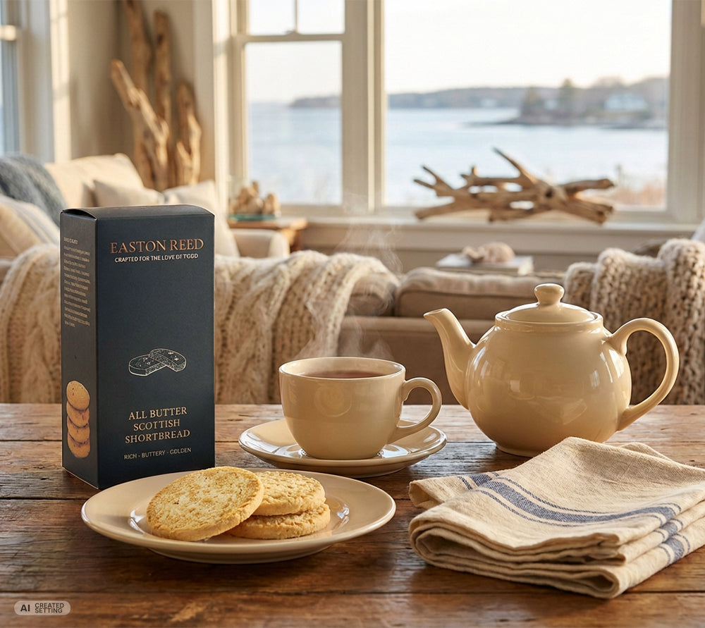 Schottisches All Butter Shortbread von Easton Reed mit 30 % Butter. Zart-mürbe, in kleinen Chargen gebacken und wunderbar zu Tee oder Kaffee.
