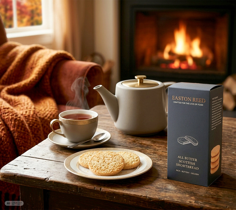 Schottisches All Butter Shortbread von Easton Reed mit 30 % Butter. Zart-mürbe, in kleinen Chargen gebacken und wunderbar zu Tee oder Kaffee.